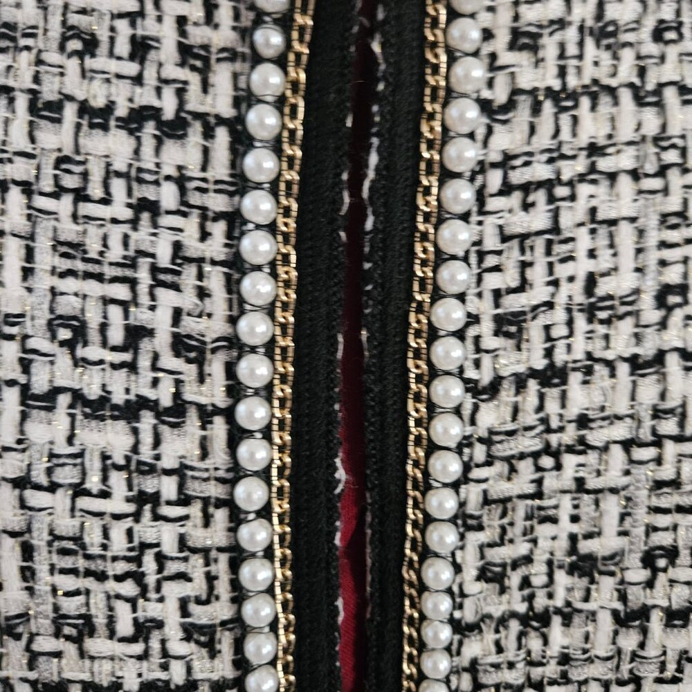 TAHARI Arthur Levine Coat/Jacket White & Black w/Pearls & Metallic Fibers Sz 12